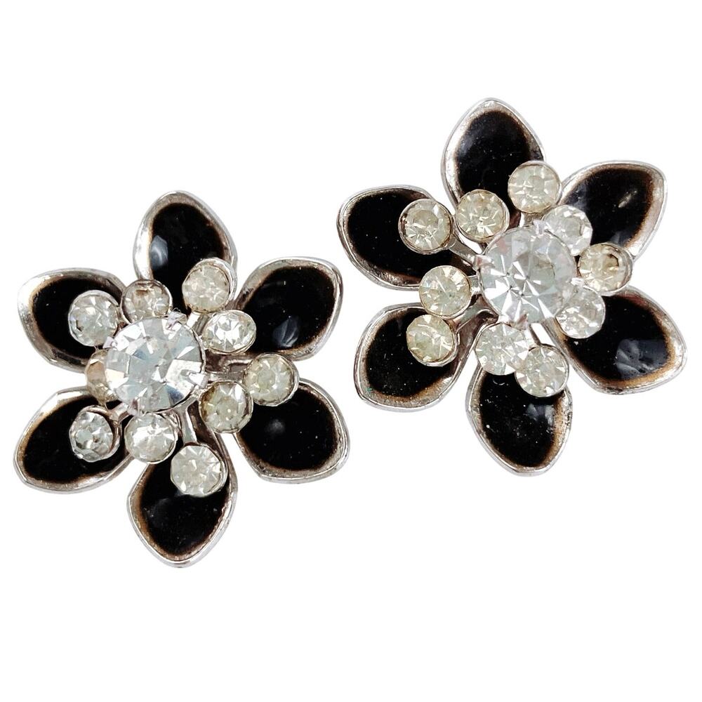 VTG Signed Coro Screw Back Earrings Black Enamel Rhinestone Mid Century
